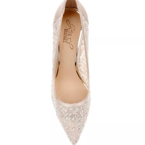 New!  Jewel BADGLEY MISCHKA Champagne Satin w/Glitter Mesh High Heels 8.5M - Picture 2 of 6